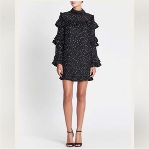 Frame black silk tiered starry ruffled mini dress long sleeve size SM